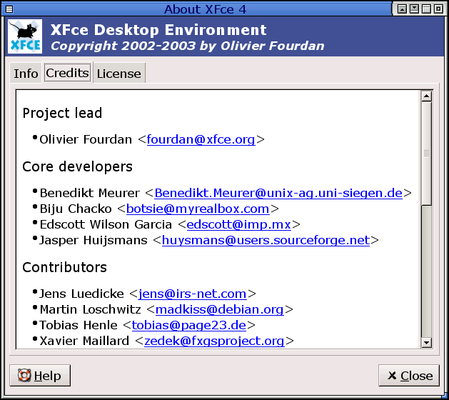 Shows the About Dialog displaying the credits page
            (using the GtkHTML widget).
          