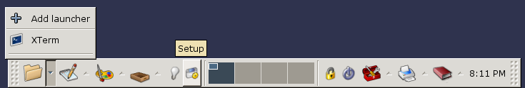 Shows XFce panel default configuration. Contains several
	    launchers, a new mail monitor, a clock and a desktop pager.
	    Also shows an opened subpanel.
	  